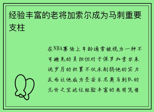 经验丰富的老将加索尔成为马刺重要支柱